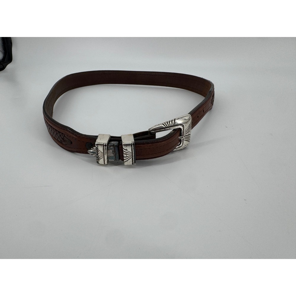 Tony lama Western Ranger Belt Women 34 Brown Leather Braided Silver Tone